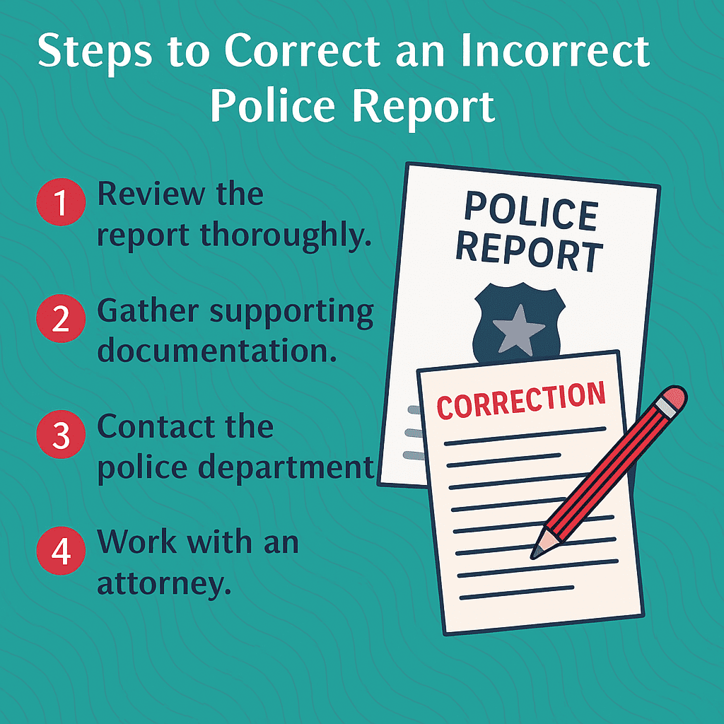 Steps to correct a wrong police report in Texas — infographic by The Miller Law Firm.