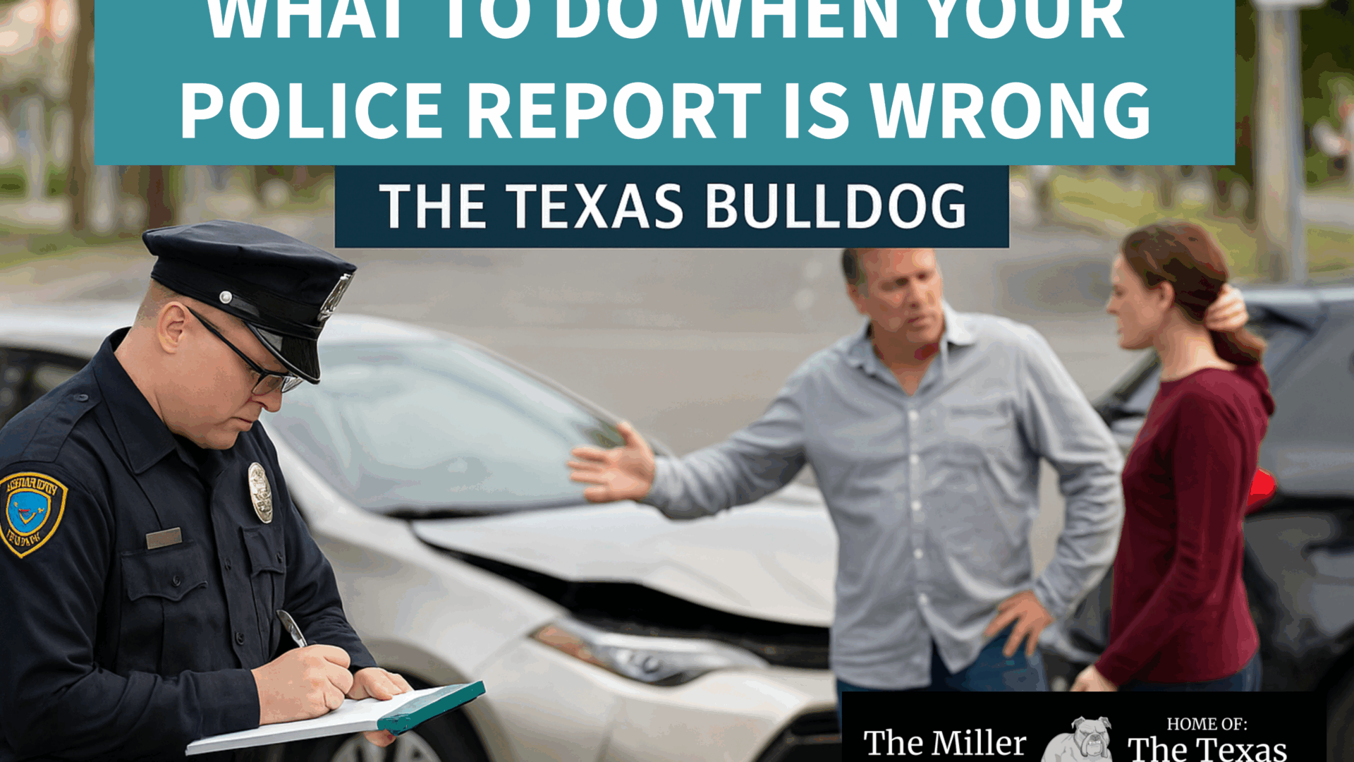 Houston police officer writing an accident report while drivers dispute details — Texas Bulldog Law Firm.