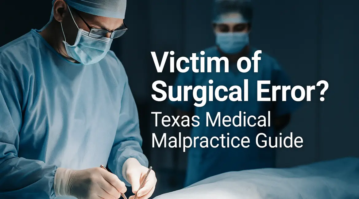Surgeon performing operation with text overlay about surgical error and medical malpractice in Texas