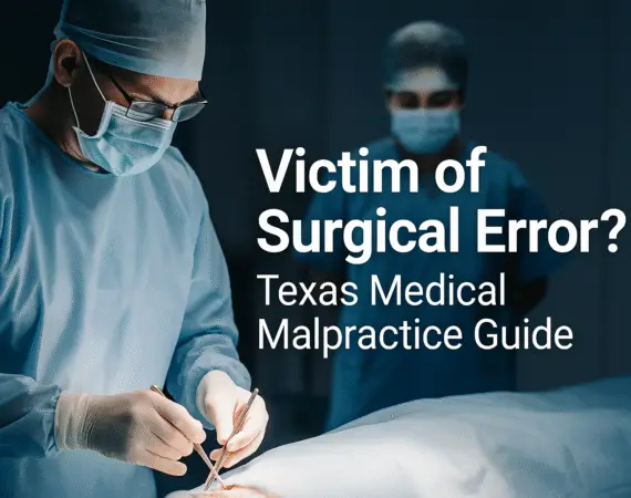 Surgeon performing operation with text overlay about surgical error and medical malpractice in Texas