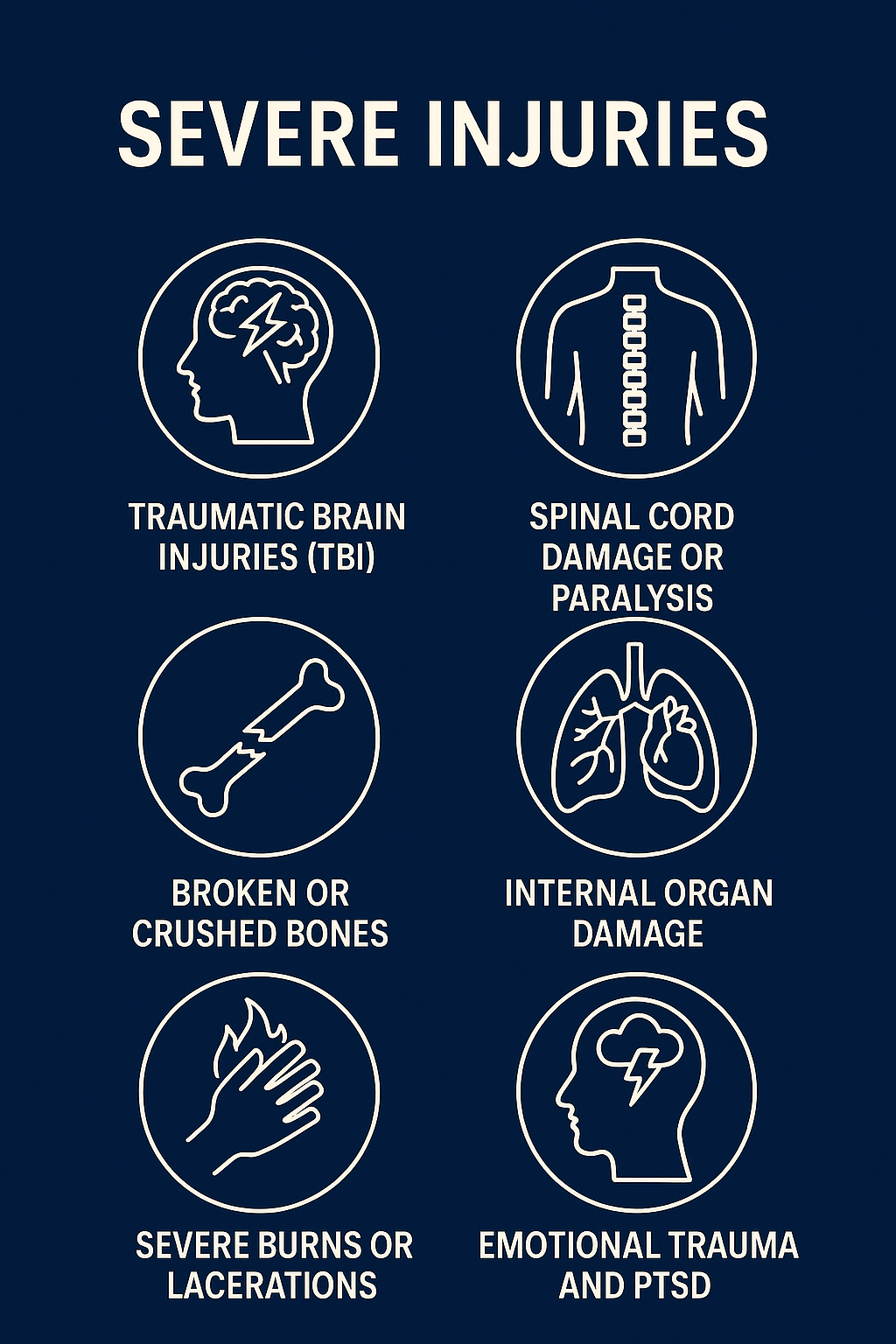 Infographic showing six types of severe injuries caused by 18-wheeler accidents, including brain injuries, spinal damage, fractures, internal organ injuries, burns, and PTSD.