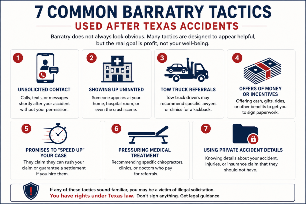 Infographic showing common barratry and illegal solicitation tactics used after Texas car accidents including runners, tow truck referrals, and unsolicited calls
