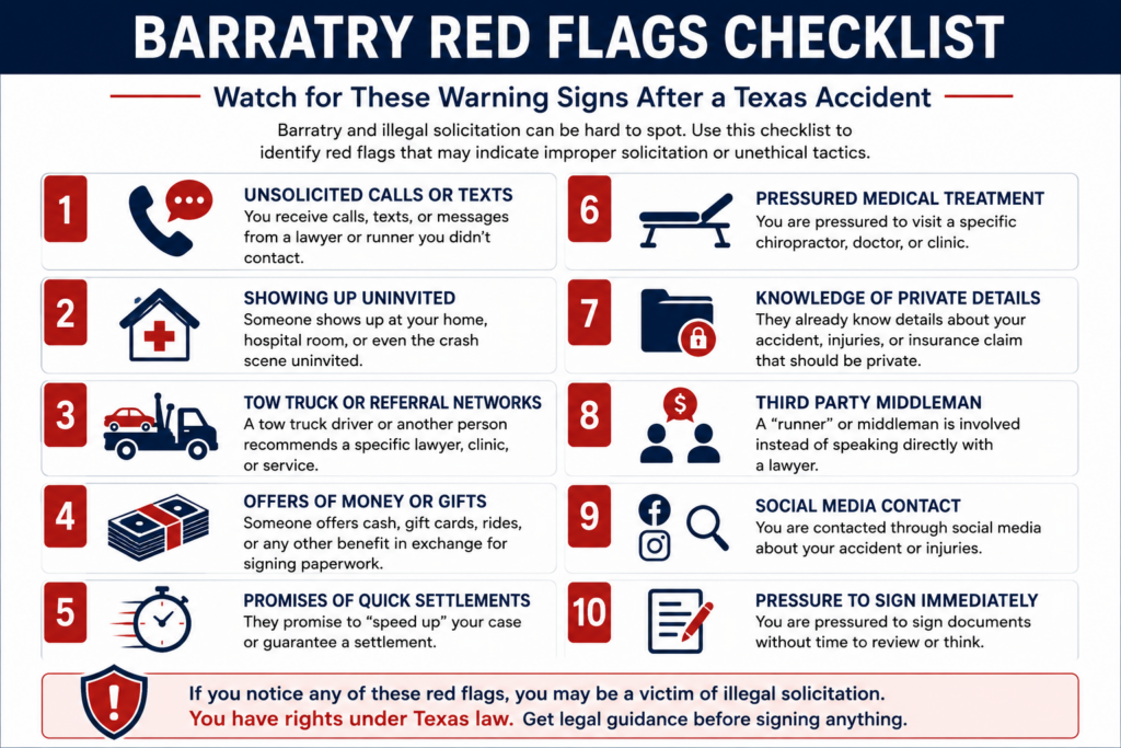 Checklist infographic showing warning signs of barratry and illegal solicitation after Texas car accidents including runners, unsolicited calls, and tow truck referrals
