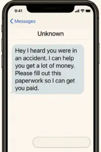 Graphic of a phone receiving an illegal solicitation text message – barratry in Texas