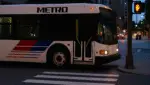 A METRO bus stopped near a crosswalk after a pedestrian accident in Houston