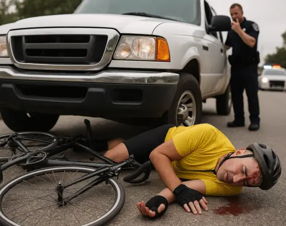 Truck accident scene in Pasadena where bicyclist was hospitalized with head injury