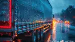 18-wheeler driving down a wet Houston highway during heavy rain