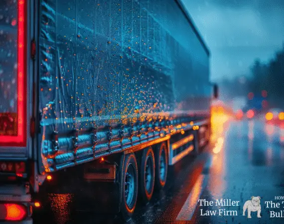 18-wheeler driving down a wet Houston highway during heavy rain