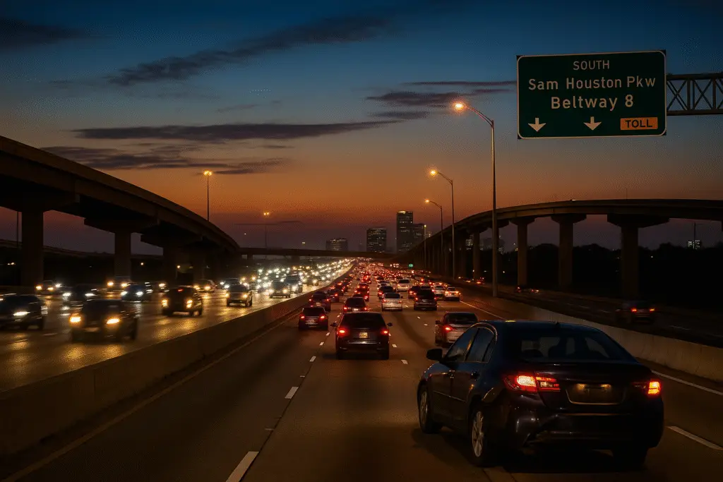 Beltway 8 Houston interchange traffic with disabled vehicle on shoulder.
