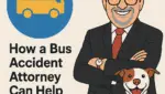 Illustration of Houston bus accident attorney Adam with McLovin the Texas Bulldog mascot