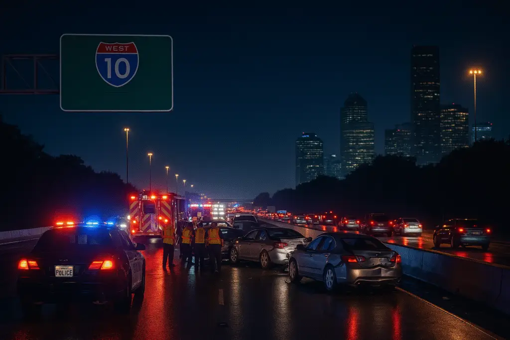 Emergency vehicles and traffic stopped after a car crash on I-10 in Houston at night.