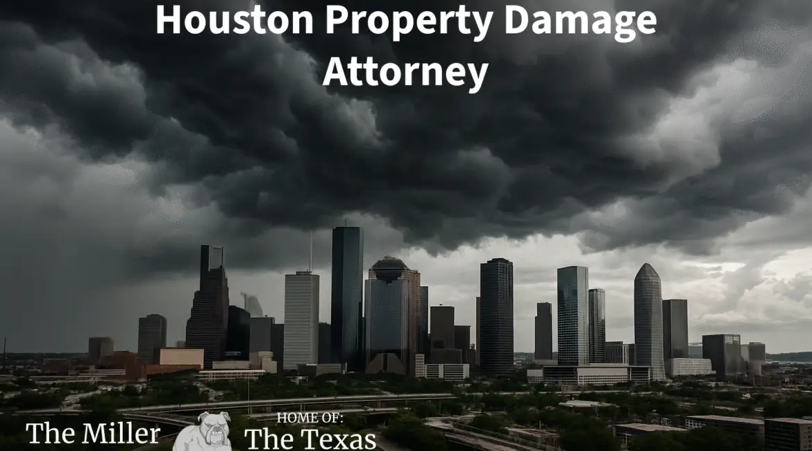 ark storm clouds over downtown Houston skyline symbolizing property damage and insurance disputes.
