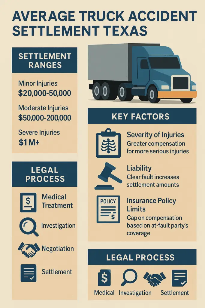 Texas truck accident settlement guide infographic showing settlement ranges, calculation factors, and legal process steps.