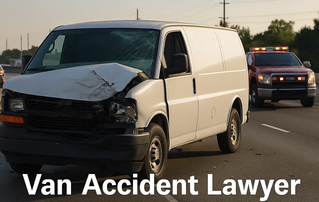 Damaged white cargo van after an accident in Harris County with emergency vehicles responding.