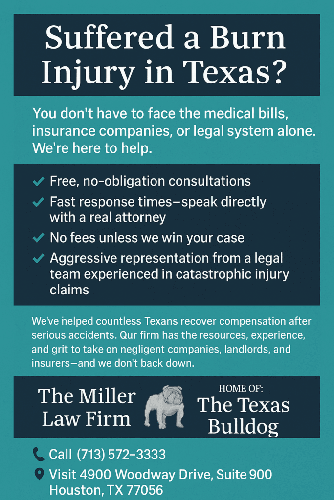 Burn injury lawyer graphic by The Miller Law Firm – The Texas Bulldog, offering free consultations, no fees unless you win, and aggressive legal support in Texas.