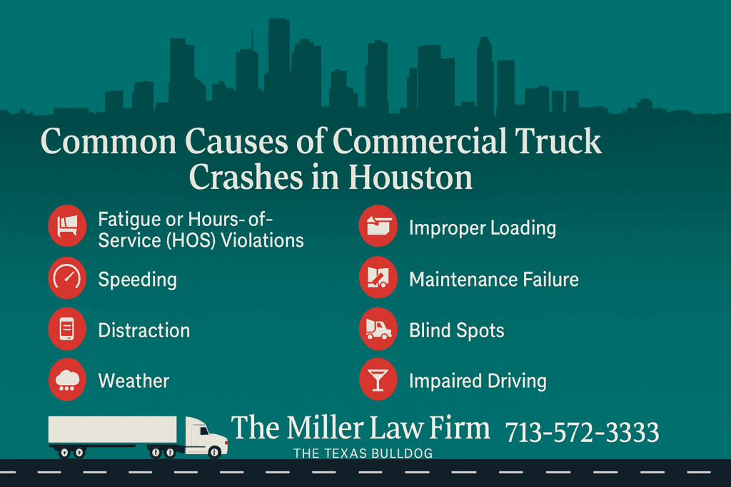 Common causes of commercial truck crashes in Houston including fatigue, speeding, distraction, improper loading, maintenance failure, blind spots, impaired driving, and weather.