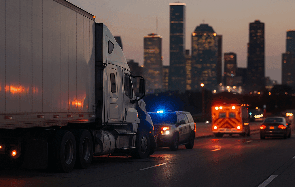 Commercial truck crash scene in Houston with 18-wheeler and emergency response.