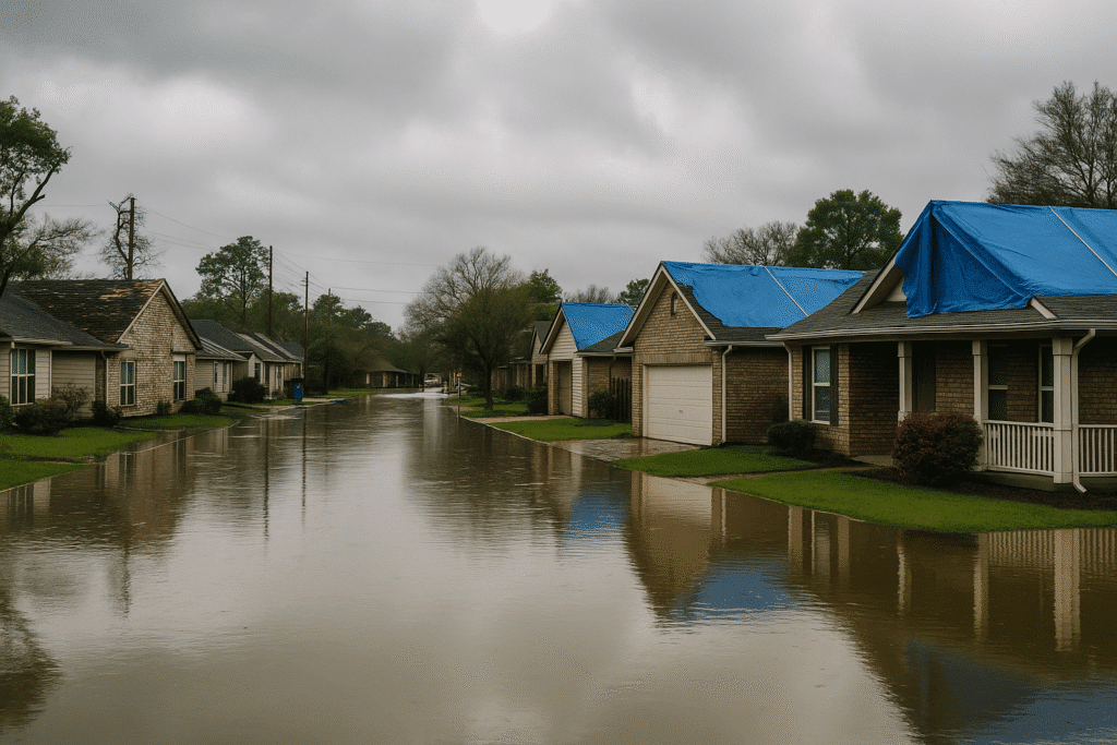 Houston homes with storm and flood damage after heavy rainfall.