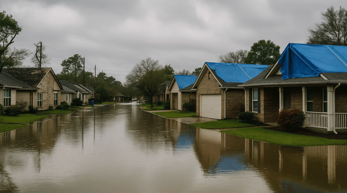 Houston homes with storm and flood damage after heavy rainfall.