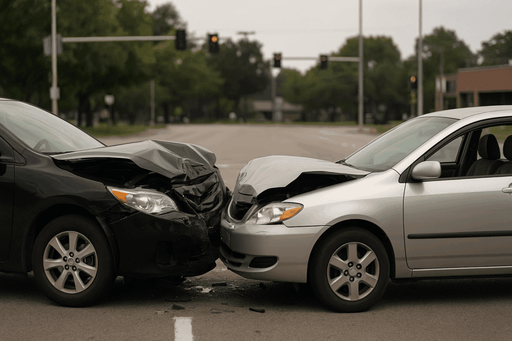 Two damaged cars after a collision at a Houston intersection under cloudy skies