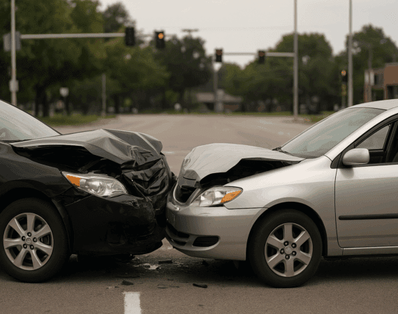 Two damaged cars after a collision at a Houston intersection under cloudy skies