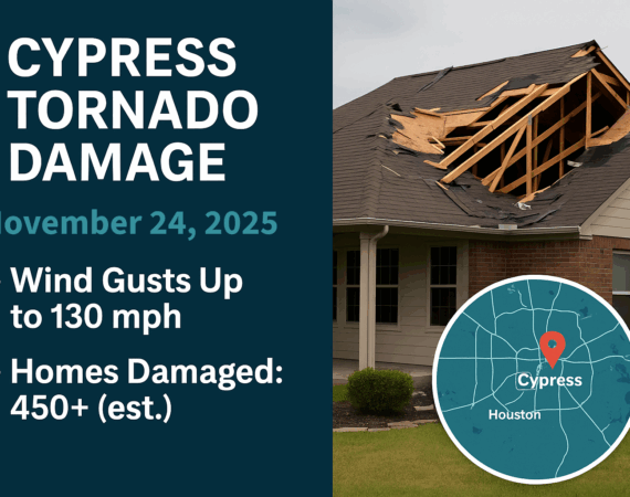 Graphic showing Cypress tornado damage in November 2025 with wind gusts up to 130 mph and over 450 homes damaged