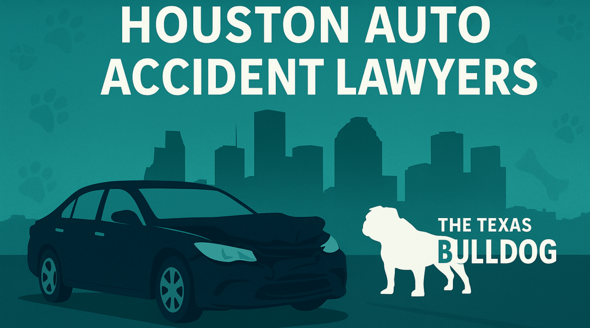 Graphic of a Houston auto accident lawyer concept featuring a damaged car, Houston skyline, and The Texas Bulldog branding.