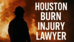 Silhouette of a firefighter standing in front of large flames with the text ‘Houston Burn Injury Lawyer’ for a legal blog header.