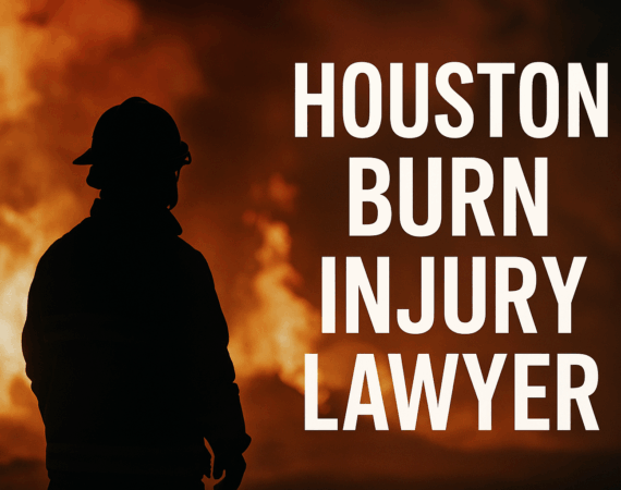 Silhouette of a firefighter standing in front of large flames with the text ‘Houston Burn Injury Lawyer’ for a legal blog header.