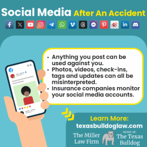 Infographic warning car accident victims not to post on social media after an accident. Highlights that anything posted online can be used against you and insurance companies monitor social media. Features The Miller Law Firm – The Texas Bulldog branding.