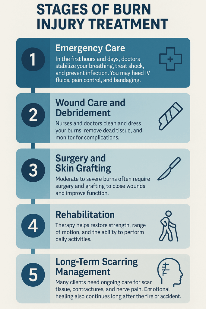 Infographic showing the five stages of burn injury treatment: emergency care, wound care and debridement, surgery and skin grafting, rehabilitation, and long-term scarring management.