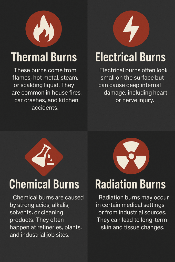 Infographic showing four types of burn injuries: thermal burns, electrical burns, chemical burns, and radiation burns, with icons and descriptions.