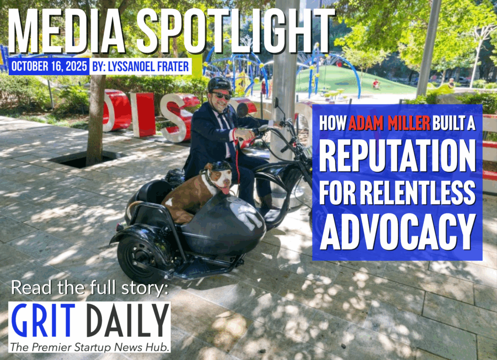 Photo of attorney Adam Miller riding a motorcycle with his dog McLovin, promoting his Grit Daily feature on building a reputation for relentless advocacy.