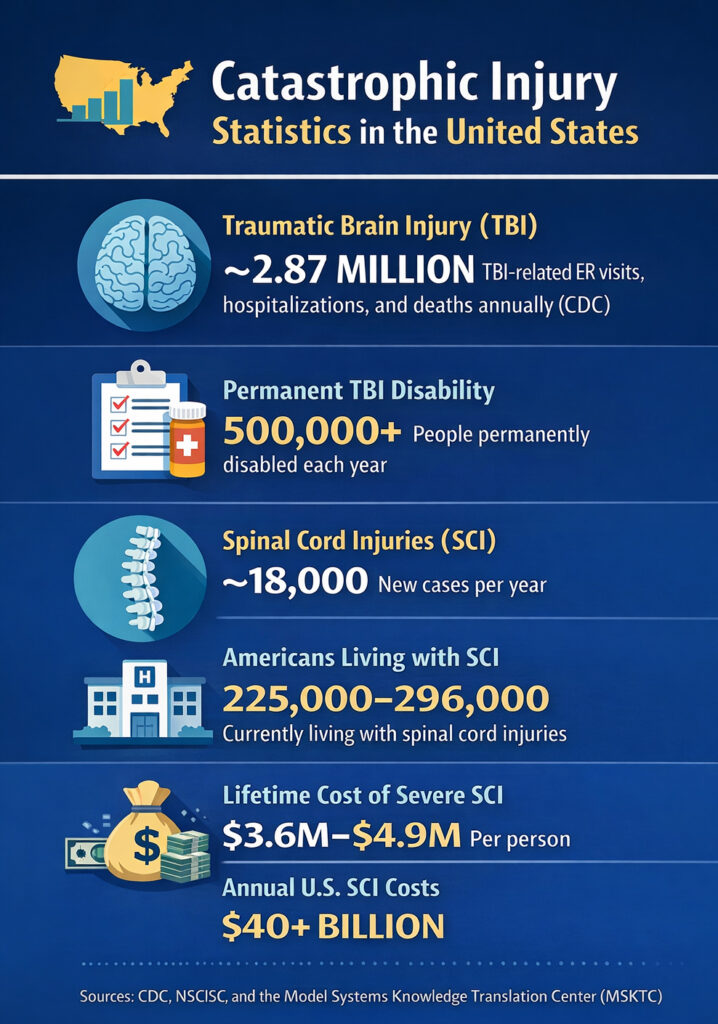 Infographic showing catastrophic injury statistics in the United States, including traumatic brain injuries, spinal cord injuries, and lifetime care costs