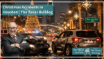 Car accident in Houston at night during the Christmas holiday season with festive lights in the background