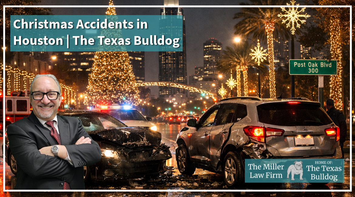 Car accident in Houston at night during the Christmas holiday season with festive lights in the background