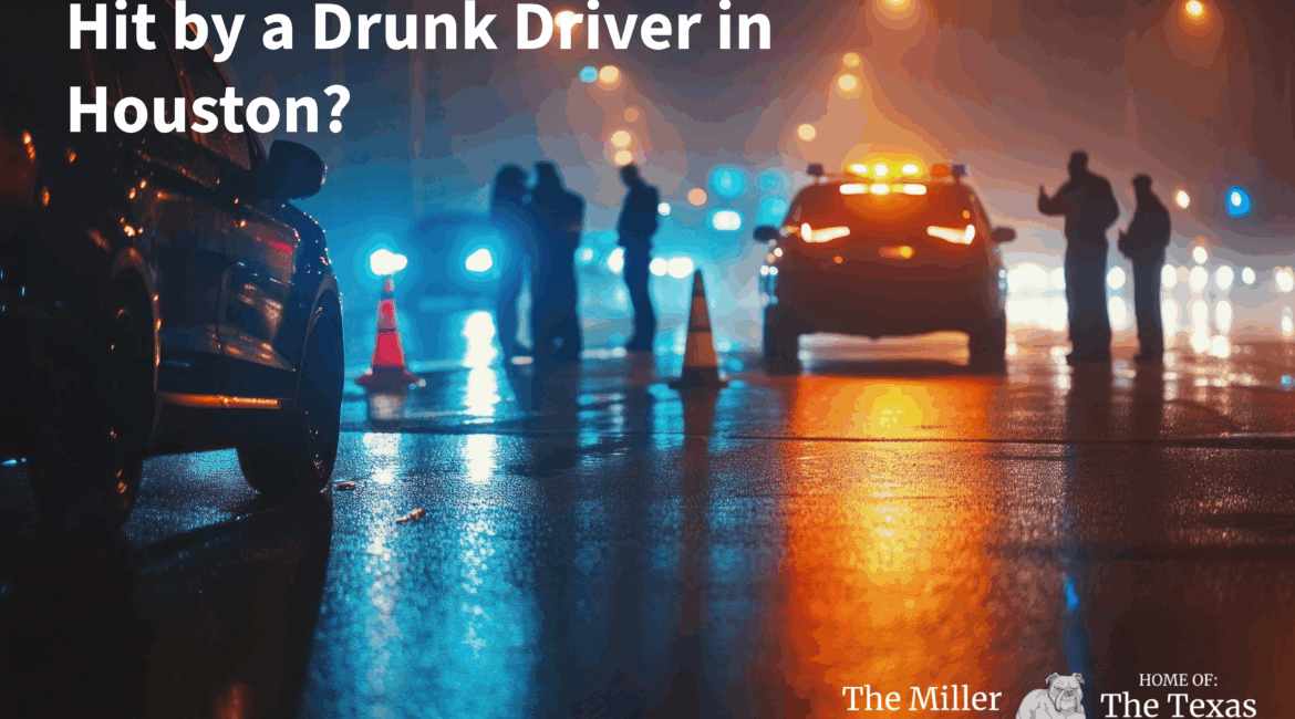 Nighttime Houston freeway crash scene with police lights after drunk driver collision