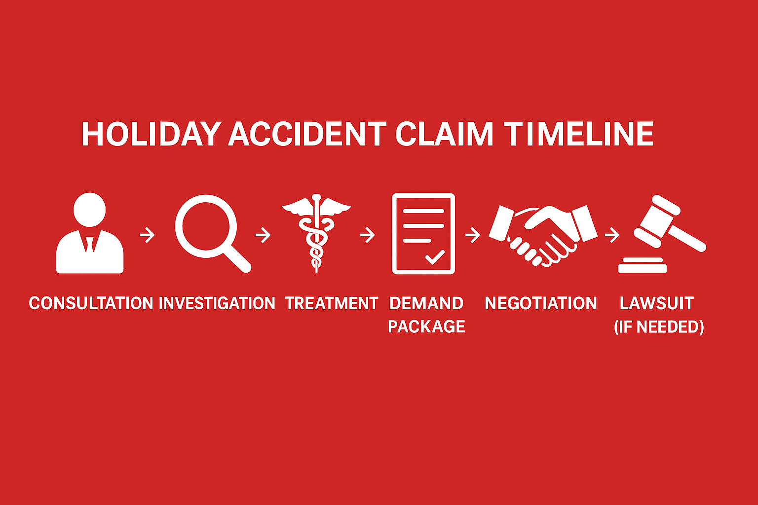 Holiday accident claim timeline graphic on a red background showing the six steps of a personal injury case: consultation, investigation, treatment, demand package, negotiation, and lawsuit if needed.