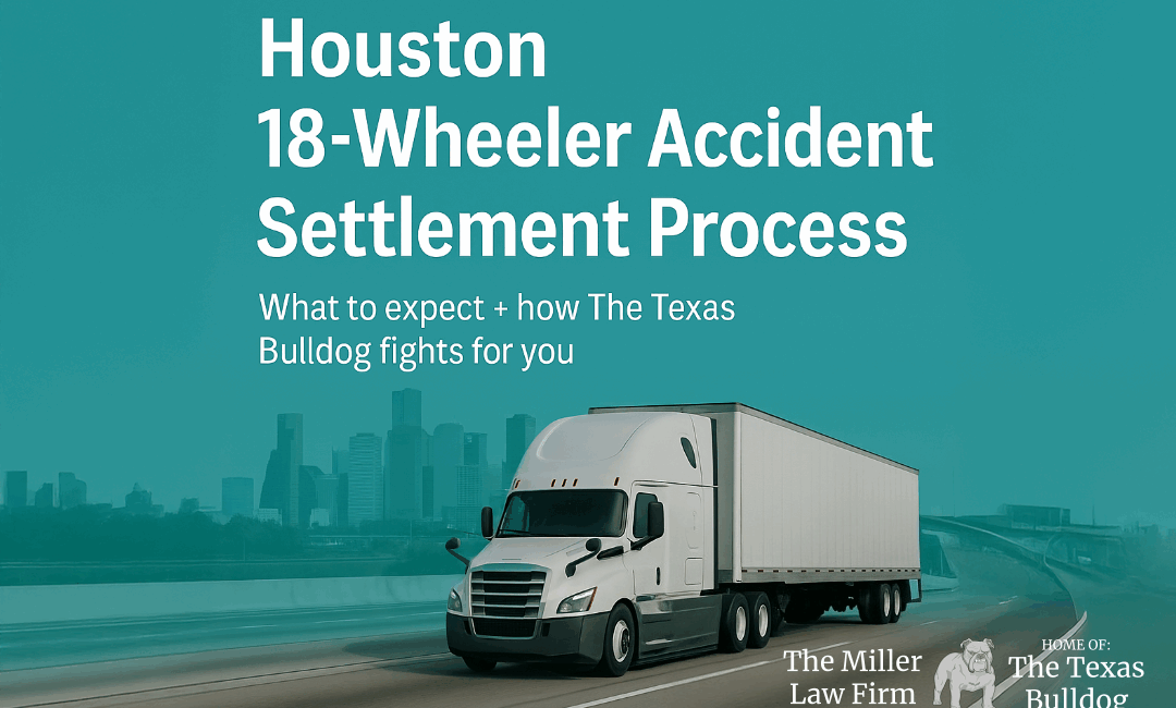 Featured image showing a semi-truck on a Houston freeway with teal branding for the article “Houston 18-Wheeler Accident Settlement Process” by The Miller Law Firm – The Texas Bulldog.