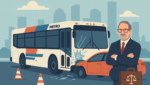 Illustrated scene of a Houston METRO bus accident with a damaged sedan and a lawyer resembling Adam Miller standing confidently beside the crash, used for a Houston Metro bus accident lawyer page.