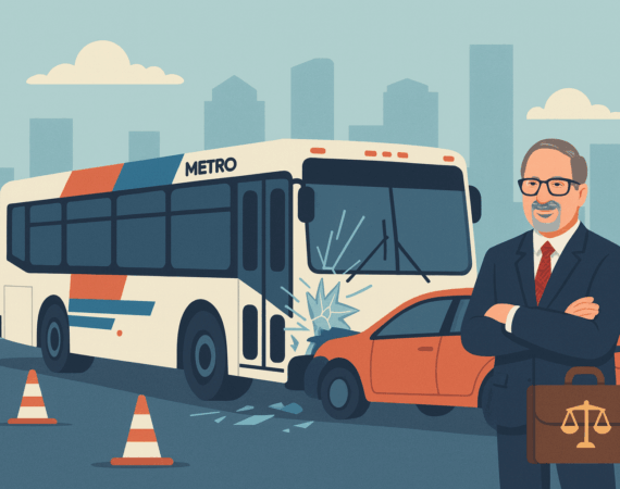 Illustrated scene of a Houston METRO bus accident with a damaged sedan and a lawyer resembling Adam Miller standing confidently beside the crash, used for a Houston Metro bus accident lawyer page.