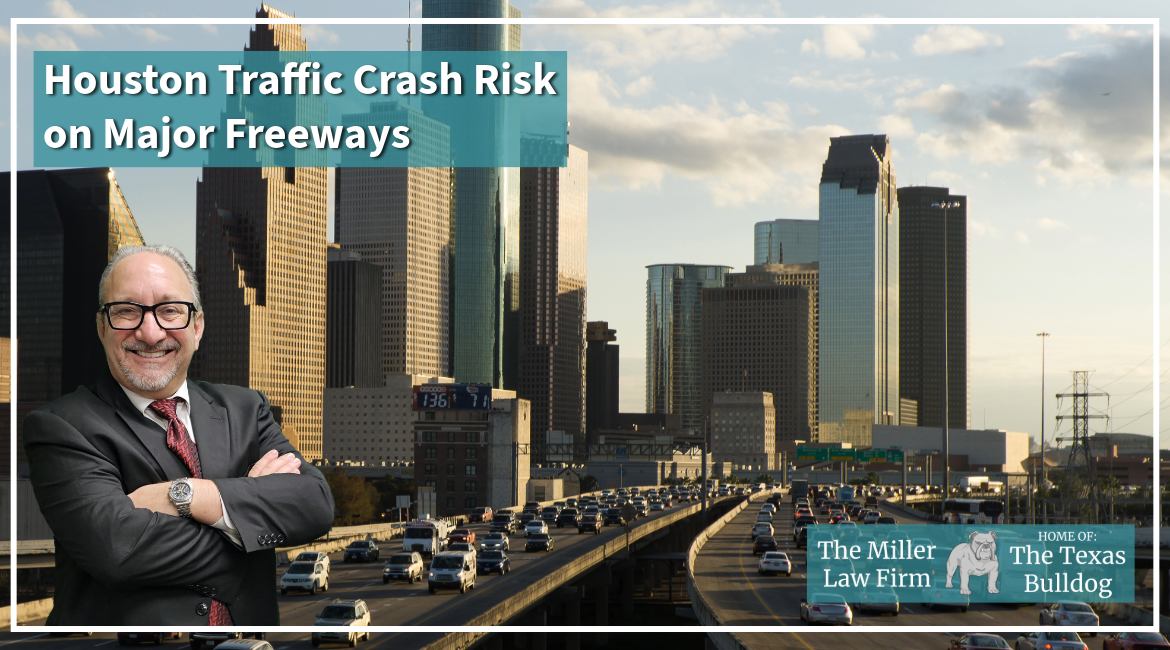 Heavy traffic on a major Houston freeway during rush hour, showing congestion on a high-risk roadway