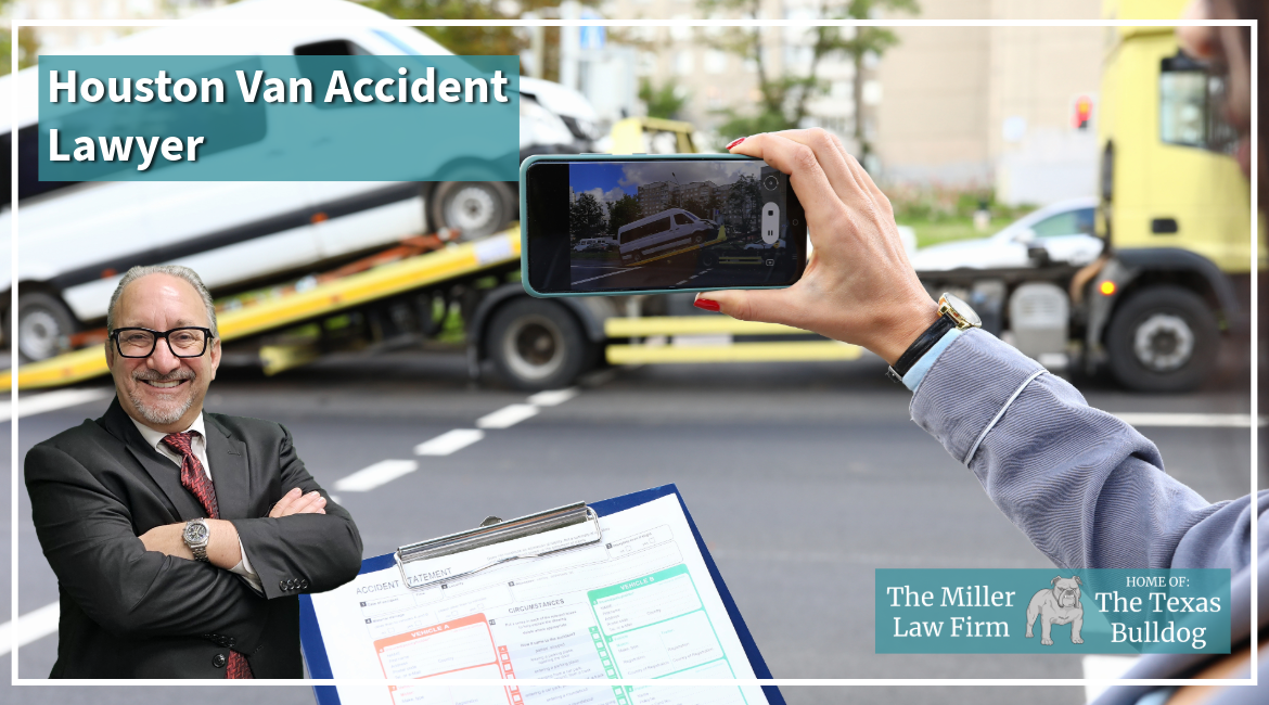Houston van accident lawyer Adam Miller standing in front of a delivery van crash scene being documented after an accident.