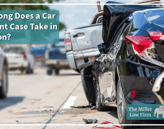 Car crash in Houston showing rear-end damage with text “How long does a car accident case take in Houston?