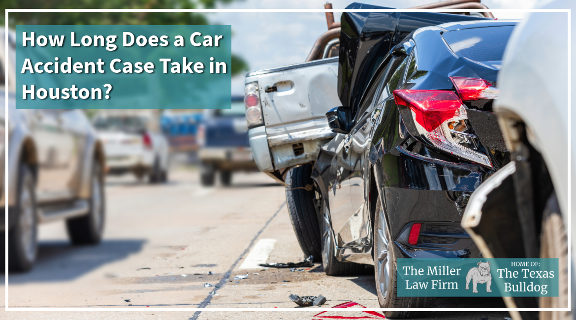 Car crash in Houston showing rear-end damage with text “How long does a car accident case take in Houston?