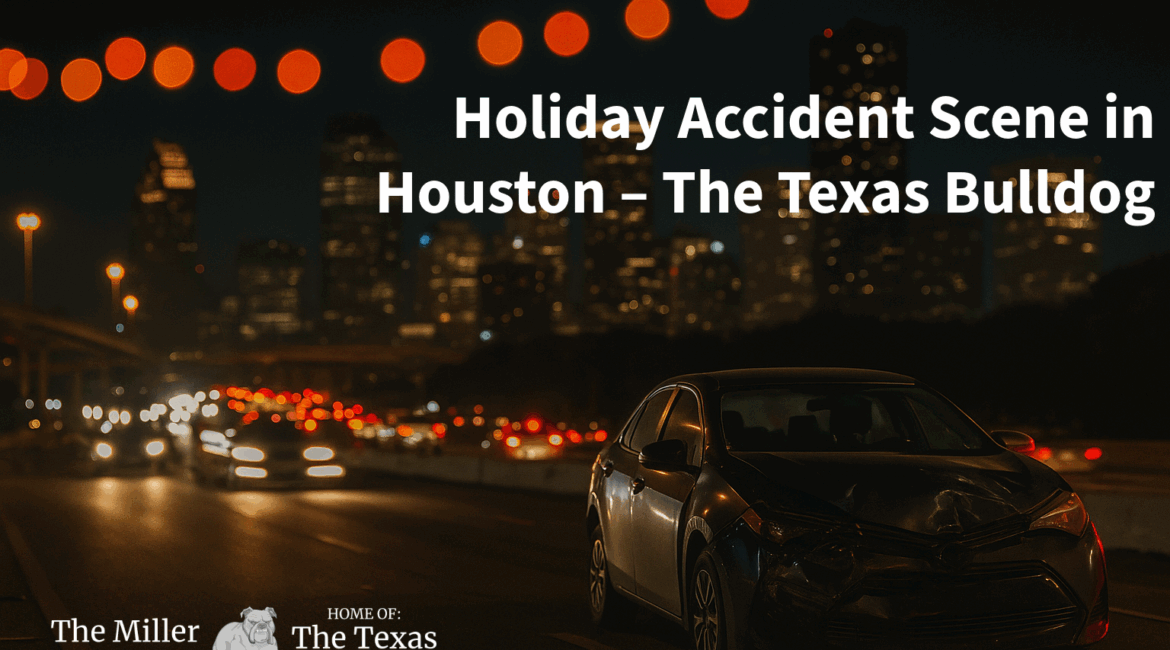 Nighttime Houston highway accident scene with a damaged car in the foreground and blurred holiday lights and city skyline in the background.