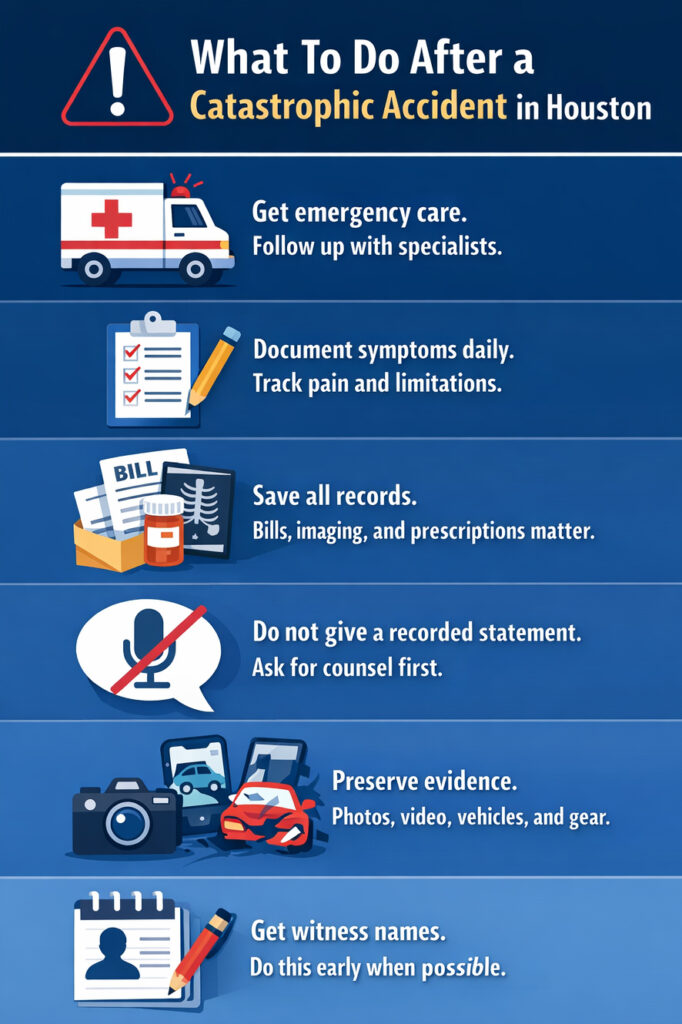 Steps to take after a catastrophic accident in Houston, including medical care, evidence preservation, and protecting your legal rights
