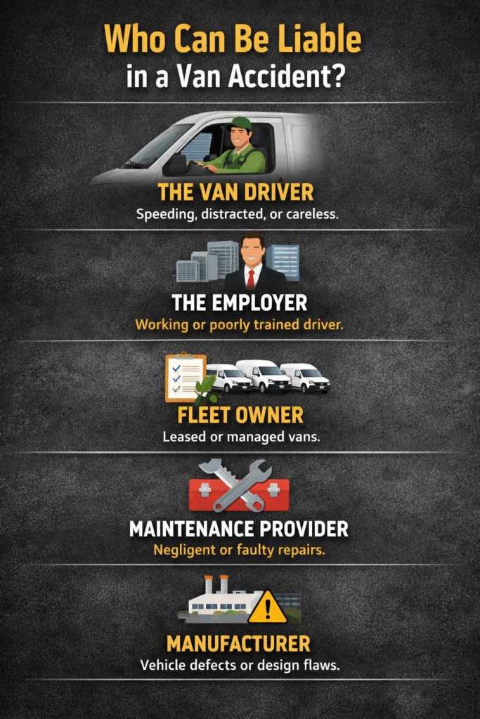 Infographic showing parties who may be liable in a Houston van accident, including the van driver, employer, fleet owner, maintenance provider, and manufacturer.