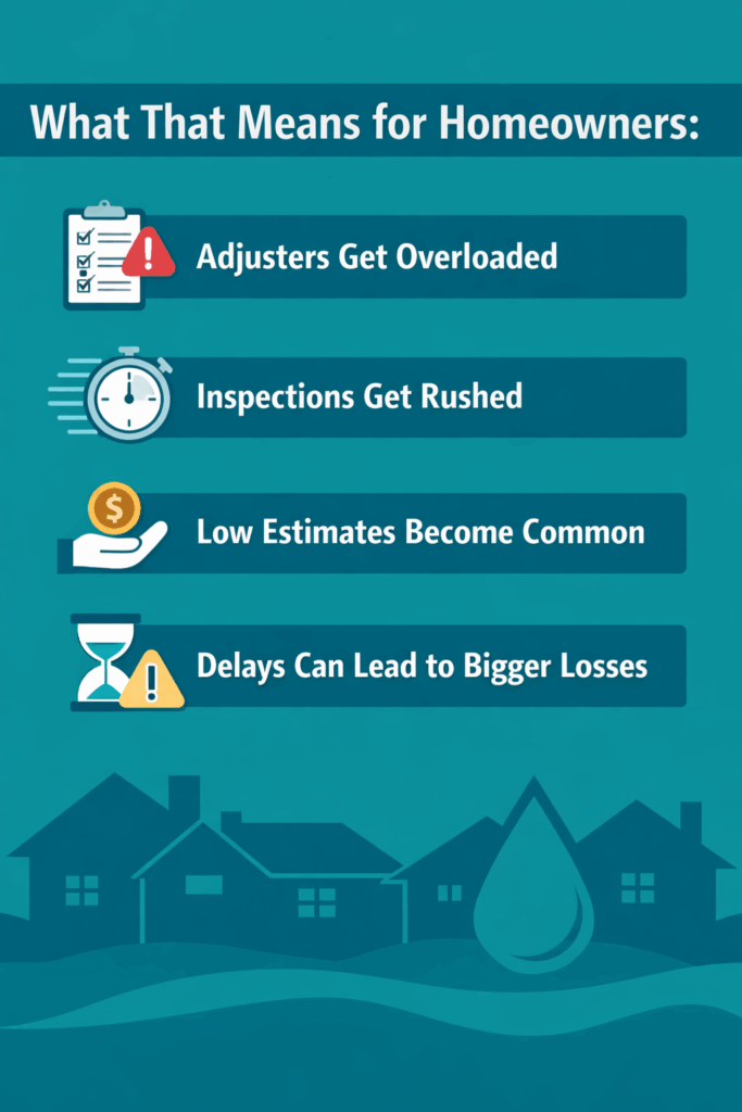 Freeze-related property damage claim issues showing overloaded adjusters, rushed inspections, low insurance estimates, and costly delays for Texas homeowners.