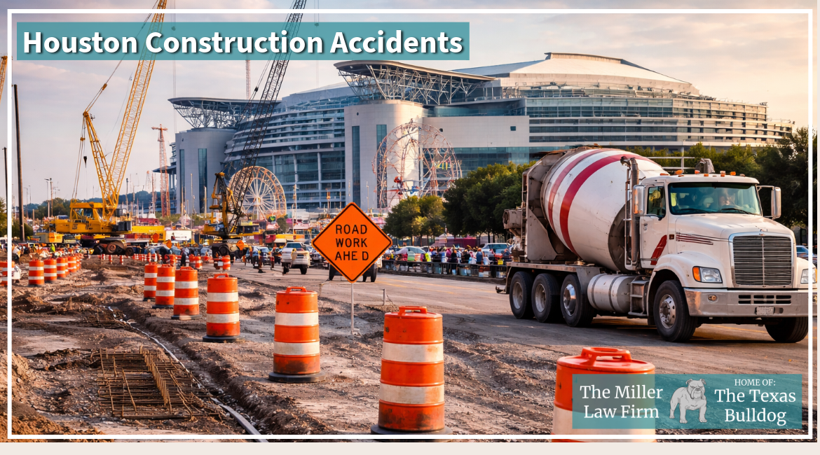 Houston construction zone near NRG Stadium with roadwork barrels, heavy trucks, and traffic during Rodeo season